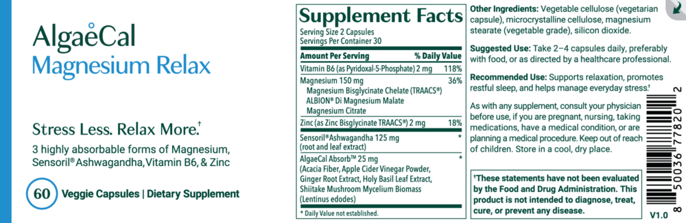 Product image for AlgaeCal Magnesium Relax Veggie Capsules.
