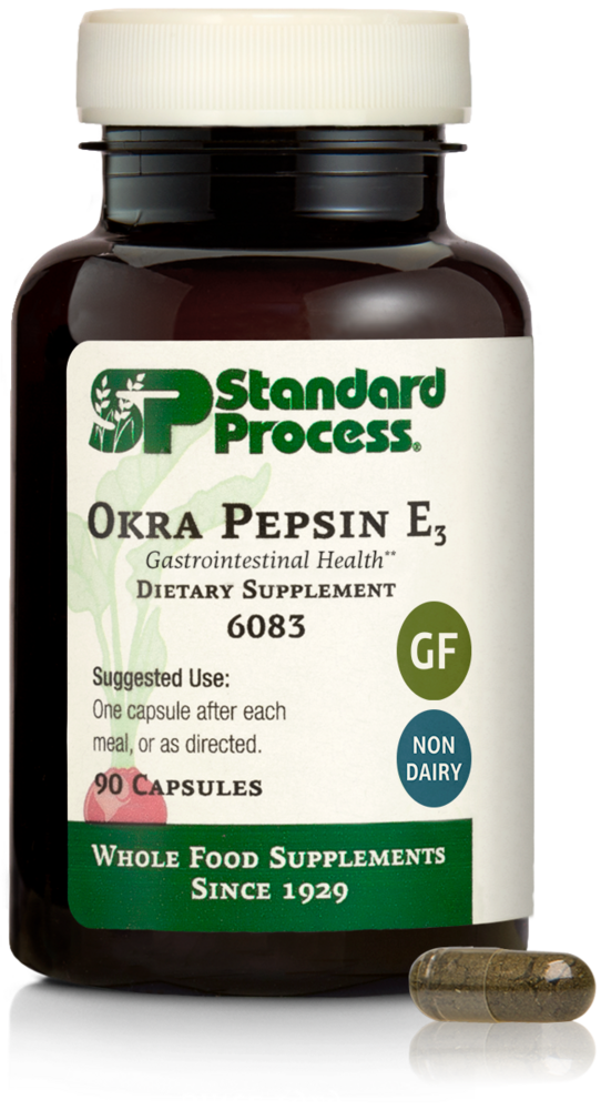 Okra Pepsin E3 supplement bottle