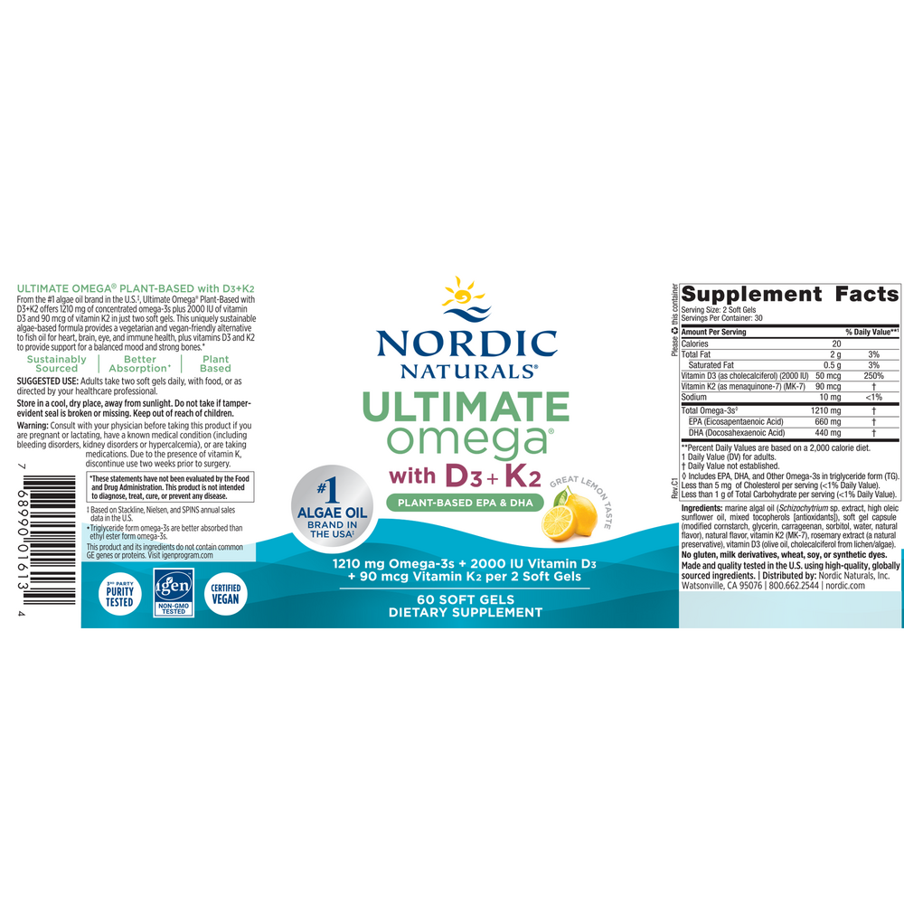 Product image for Ultimate Omega with D3 + K2, Plant-Based EPA &amp; DHA, Lemon Flavor.