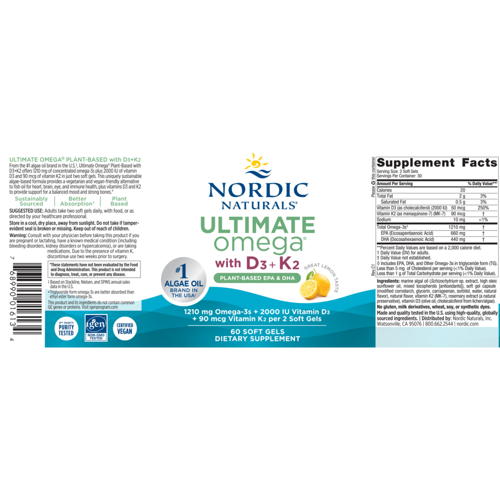 Product image for Ultimate Omega with D3 + K2, Plant-Based EPA &amp; DHA, Lemon Flavor.