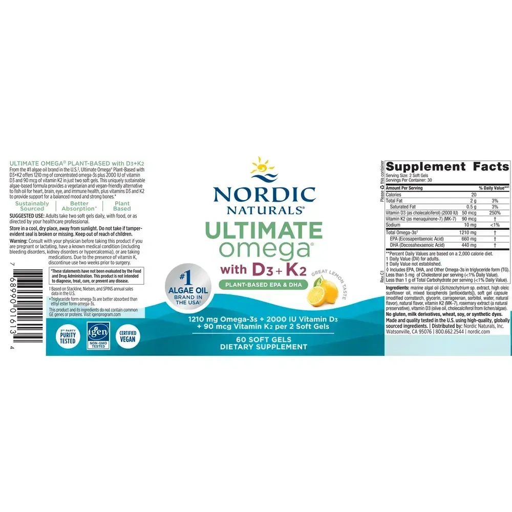 Product image for Ultimate Omega with D3 + K2, Plant-Based EPA &amp; DHA, Lemon Flavor.
