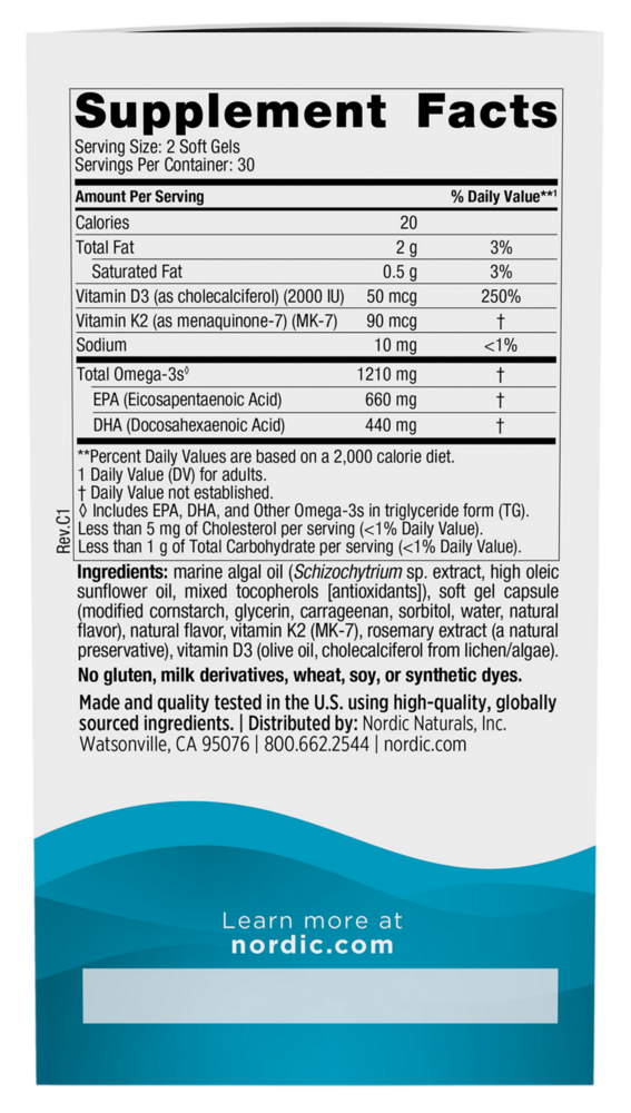 Product image for Ultimate Omega with D3 + K2, Plant-Based EPA &amp; DHA, Lemon Flavor.