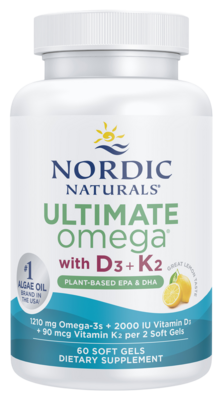 Ultimate Omega with D3 + K2, Plant-Based EPA & DHA, Lemon Flavor 60 Softgels