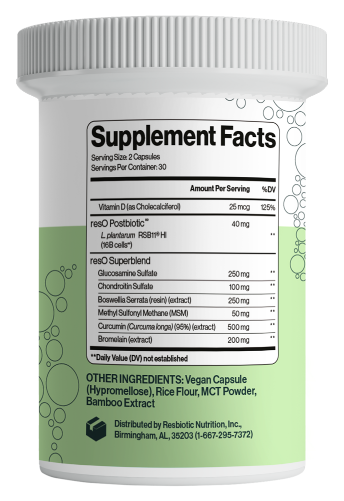 Product image for resO™ Bone &amp; Joint Support Postbiotic Capsules.