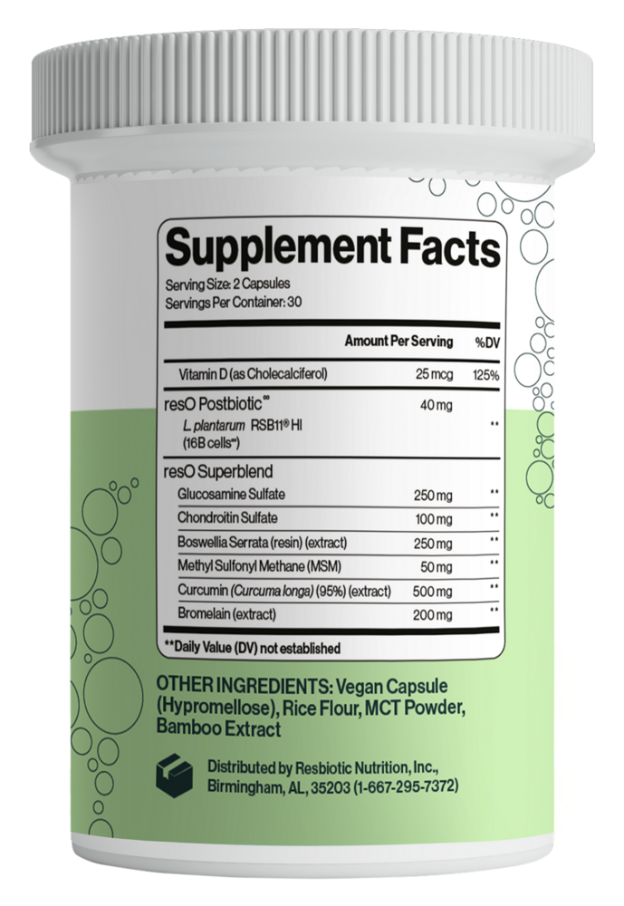 Product image for resO™ Bone &amp; Joint Support Postbiotic Capsules.