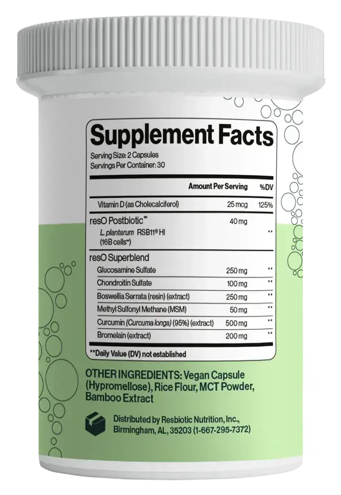 Product image for resO™ Bone &amp; Joint Support Postbiotic Capsules.