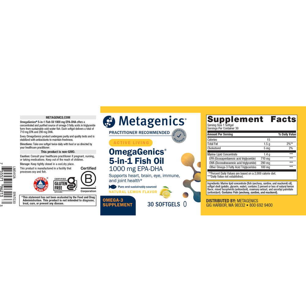 Product image for OmegaGenics® 5-in-1 Fish Oil, 1000mg EPA-DHA, Lemon Flavor Softgels.