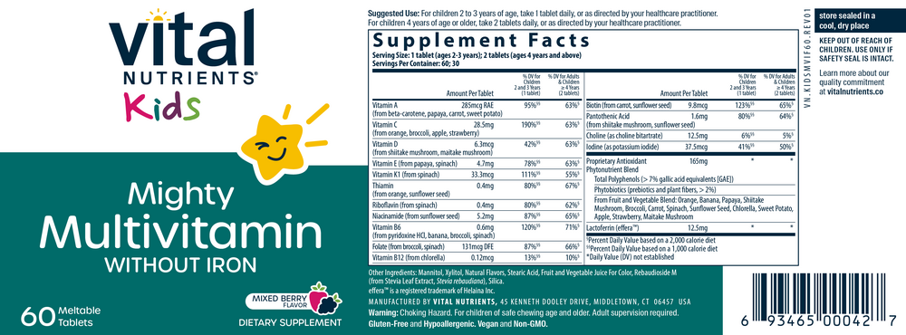 Product image for Kid's Mighty Multivitamin Without Iron, Meltable Tablets, Mixed Berry.