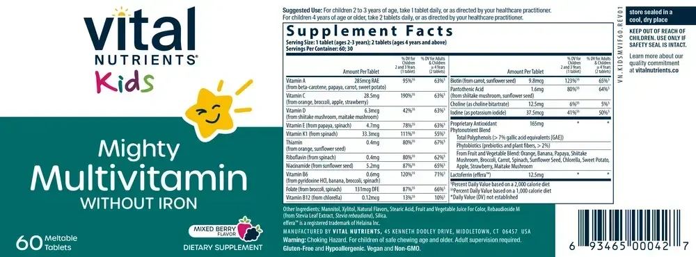 Product image for Kid's Mighty Multivitamin Without Iron, Meltable Tablets, Mixed Berry.
