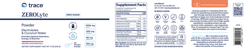 Product image for ZEROLyte Electrolytes &amp; Coconut Water Powder, Salty Berry Lemondae.