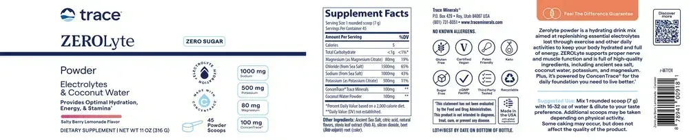 Product image for ZEROLyte Electrolytes &amp; Coconut Water Powder, Salty Berry Lemondae.
