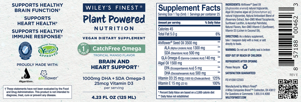 Product image for Plant Powered Nutrition CatchFree Omega, Vegan, Tropical Mango Flavor.