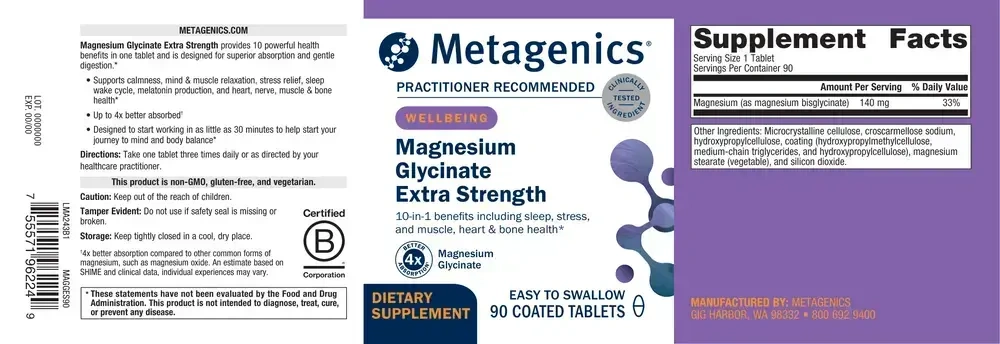 Product image for Magnesium Glycinate Extra Strength, 140 mg.