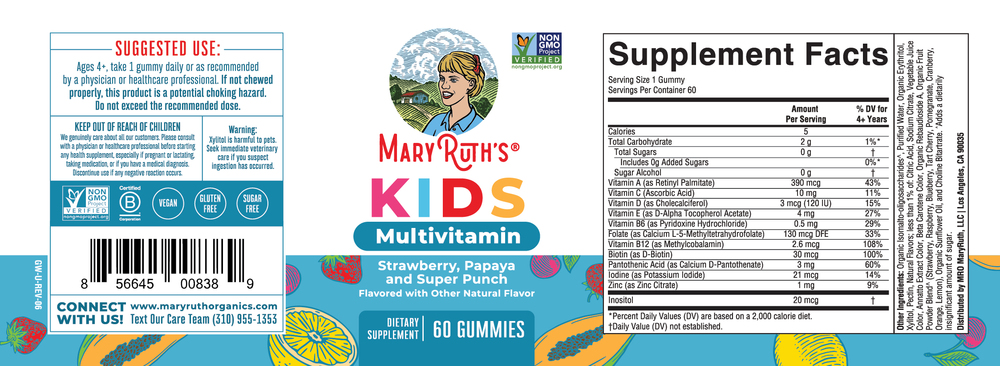 Product image for Kids Multivitamin Gummies, Strawaberry, Papaya, and Super Punch Flavors.
