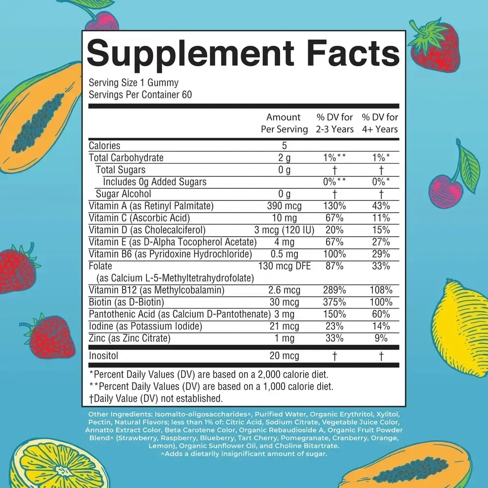 Product image for Kids Multivitamin Gummies, Strawaberry, Papaya, and Super Punch Flavors.