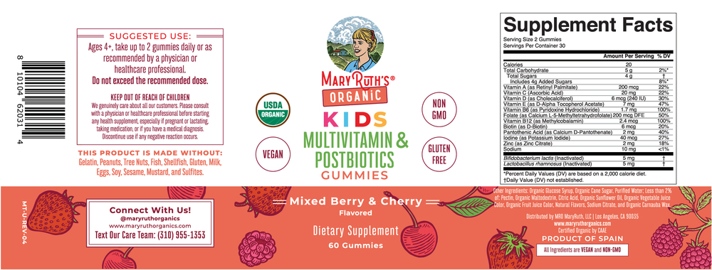 Product image for Organic Kids Multivitamin &amp; Postbiotics Gummies, Mixed Berry &amp; Cherry Flavors.