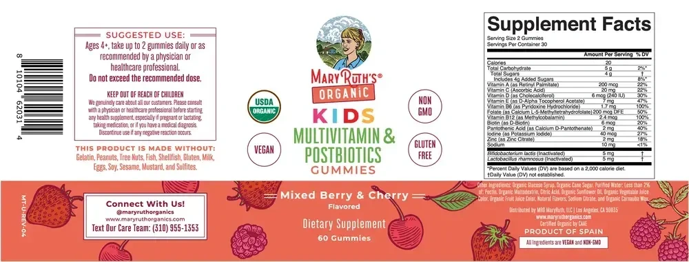 Product image for Organic Kids Multivitamin &amp; Postbiotics Gummies, Mixed Berry &amp; Cherry Flavors.