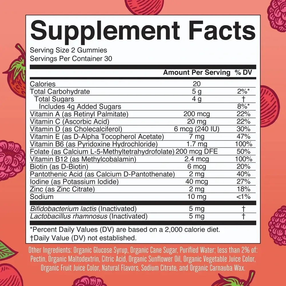Product image for Organic Kids Multivitamin &amp; Postbiotics Gummies, Mixed Berry &amp; Cherry Flavors.