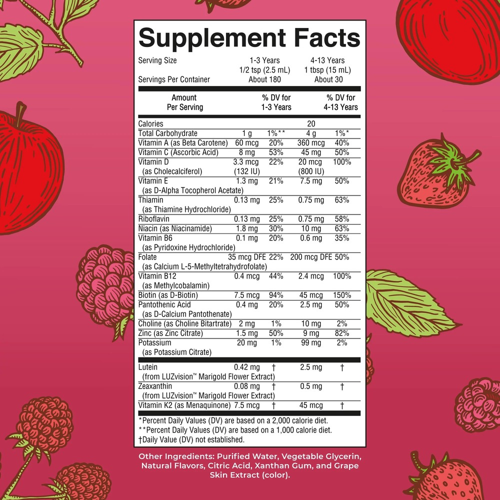 Product image for Kids Liquid Morning Multivitamin with Lutein, Apple Berry Blast Flavor.