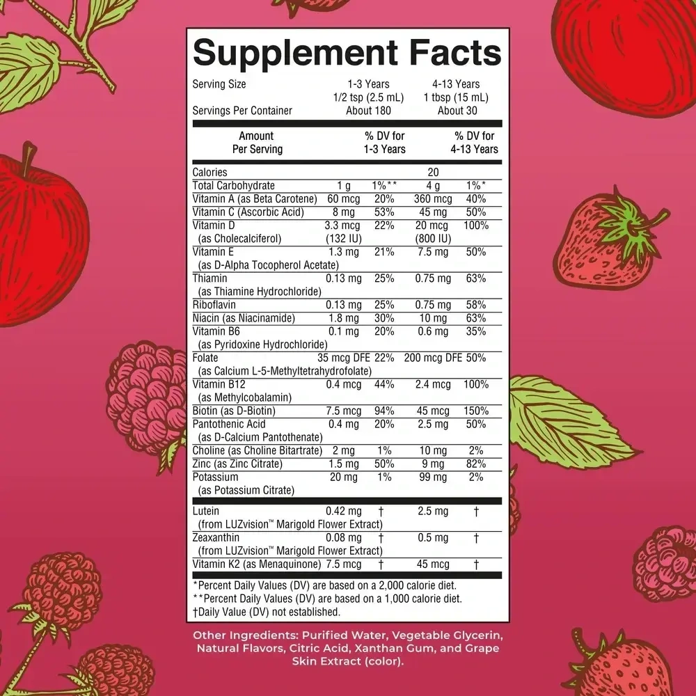 Product image for Kids Liquid Morning Multivitamin with Lutein, Apple Berry Blast Flavor.