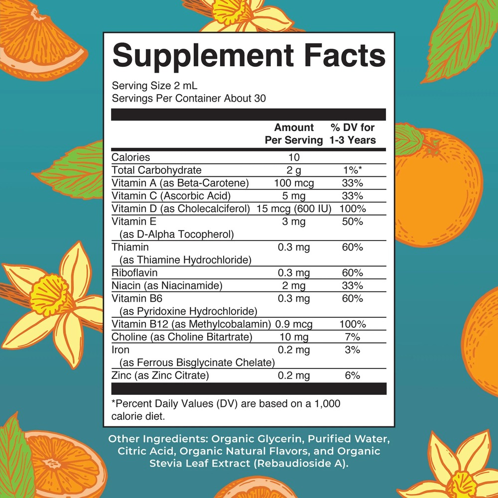 Product image for Organic Toddler Multivitamin Liquid Drops with Iron, Orange Vanilla.
