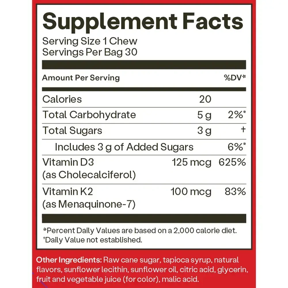 Product image for D3 + K2 Vitamin Chews, Mixed Berry.