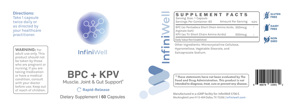 Product image for BPC + KPV, Muscle, Joint &amp; Gut Support, Rapid-Release Capsules.