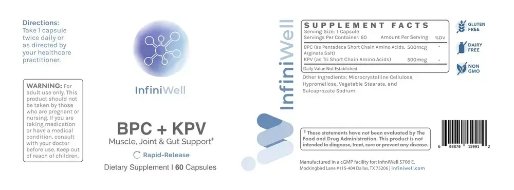 Product image for BPC + KPV, Muscle, Joint &amp; Gut Support, Rapid-Release Capsules.