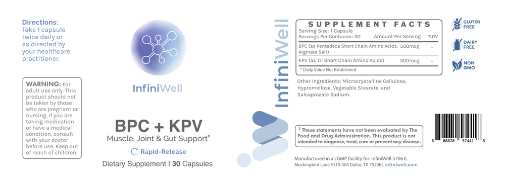 Product image for BPC + KPV, Muscle, Joint &amp; Gut Support, Rapid-Release Capsules.