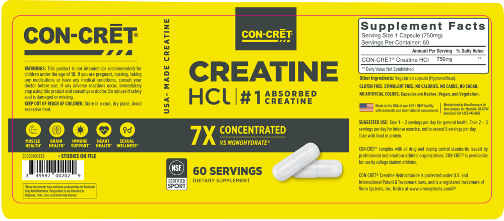 Product image for Creatine HCl Capsules, 750mg.