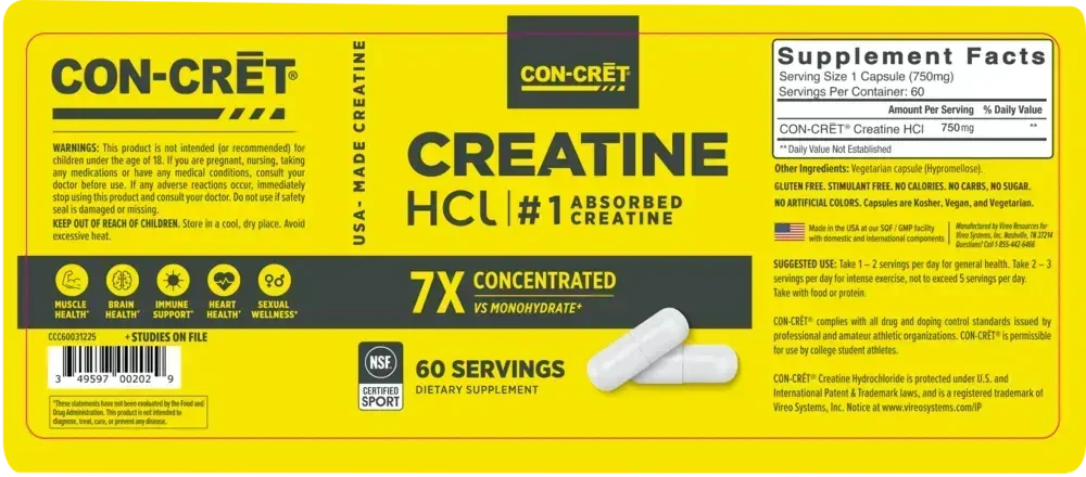 Product image for Creatine HCl Capsules, 750mg.