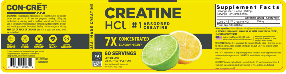 Product image for Creatine HCl Powder, 750mg, Lemon Lime.
