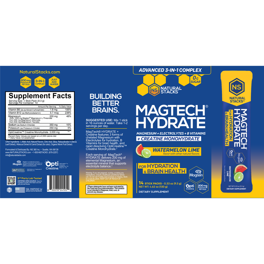 Product image for Magtech® Hydrate + Creatine Monohydrate Stick Packs, Watermelon Lime.