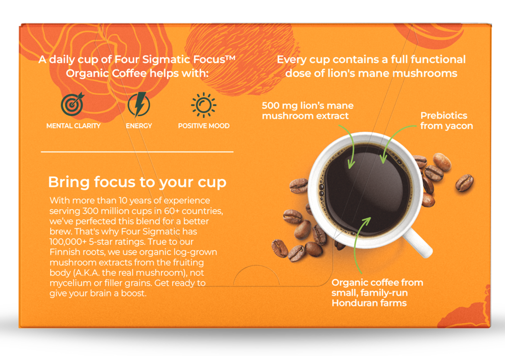 Product image for Focus Organic Coffee Pods with Lion's Mane Mushroom &amp; Yacon, Dark Roast.