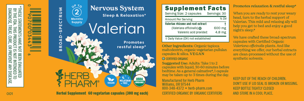 Product image for Valerian Rhizome and Root Extract, 600 mg.