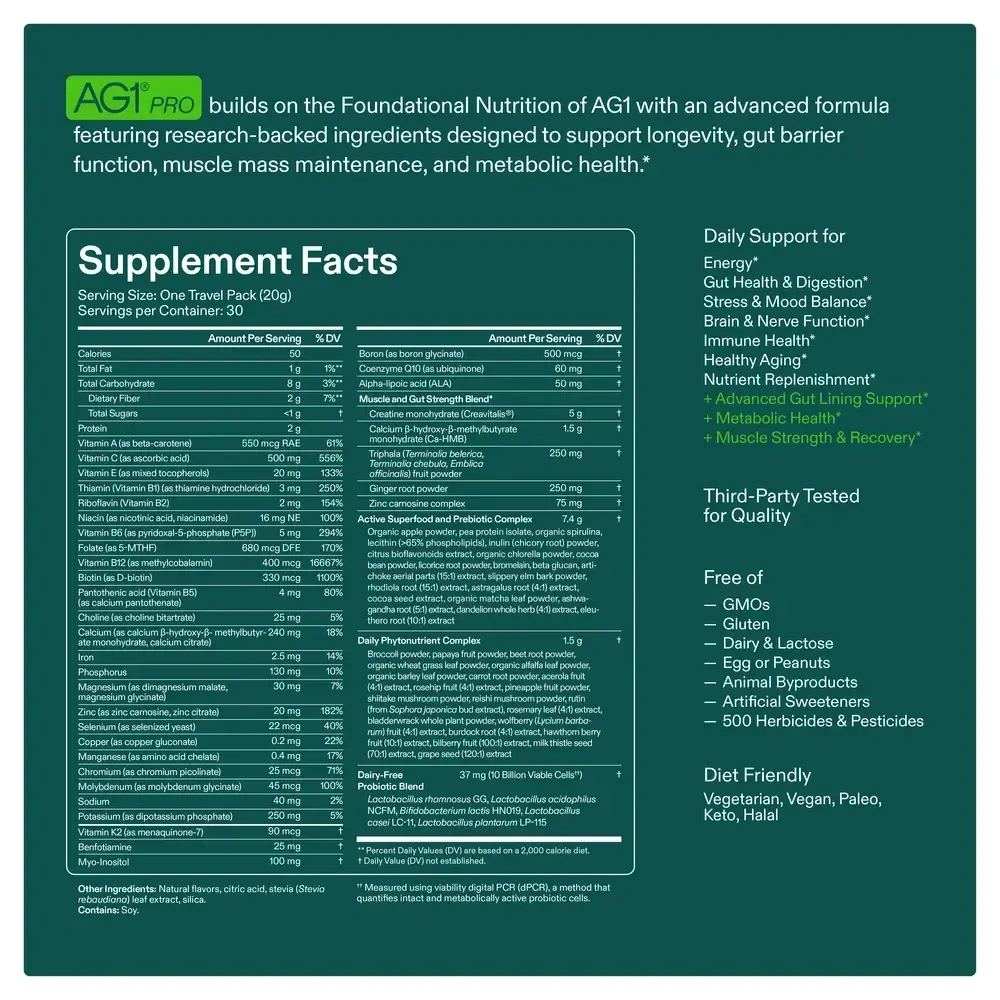 Product image for AG1 Pro Powder Packets, Daily Foundational Nutrition, Advanced Gut &amp; Metabolic Support.