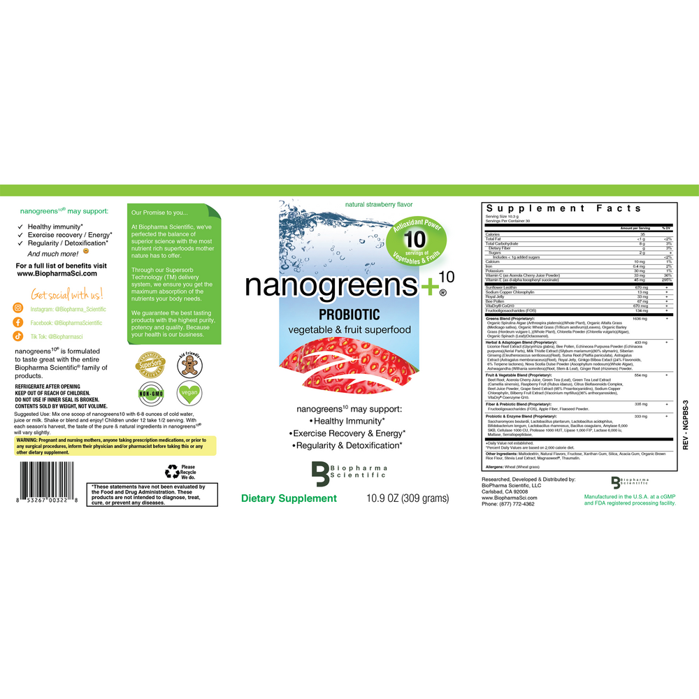 Product image for NanoGreens+ Probiotic, Strawberry.
