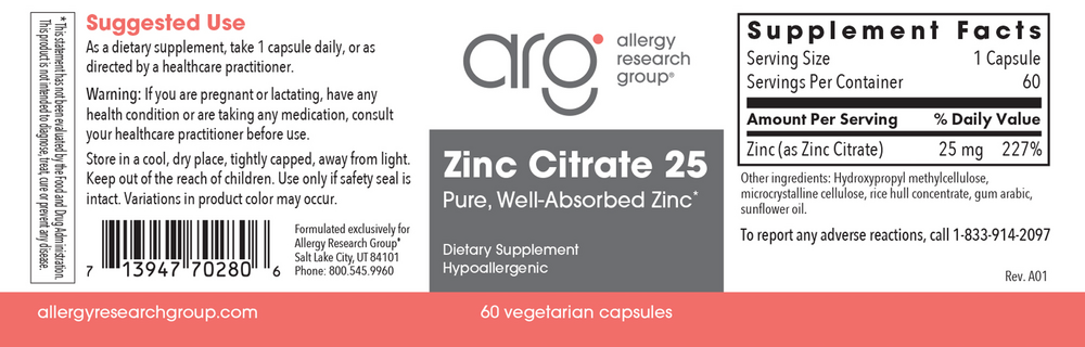 Product image for Zinc Citrate 25mg.