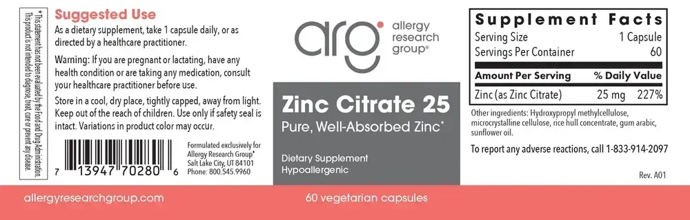Product image for Zinc Citrate 25mg.