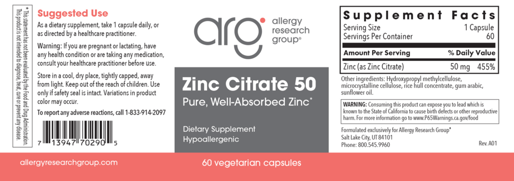 Product image for Zinc Citrate 50mg.
