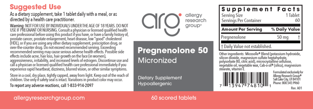 Product image for Pregnenolone 50mg Micronized Lipid Matrix.
