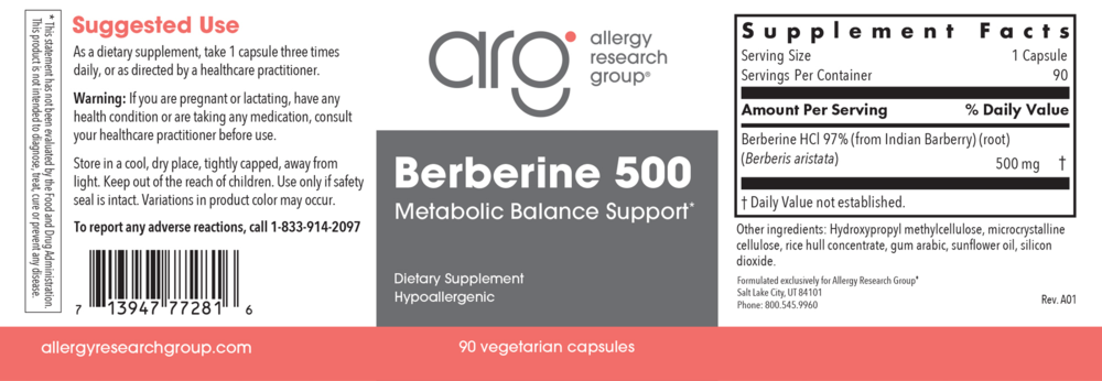 Product image for Berberine (Berberine HCl) 500 mg.