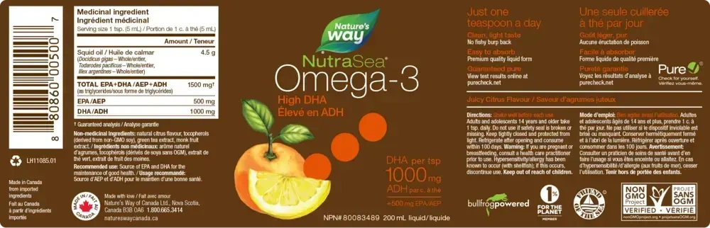 Product image for NutraSea Omega-3 DHA Juicy Citrus 200ml.