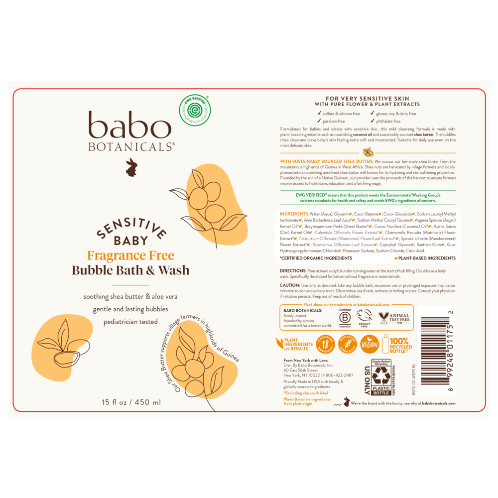 Product image for Sensitive Baby Fragrance-Free Bubble Bath &amp; Wash.