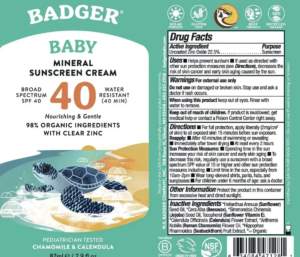 Product image for Badger SPF 40 Baby Mineral Sunscreen Cream.