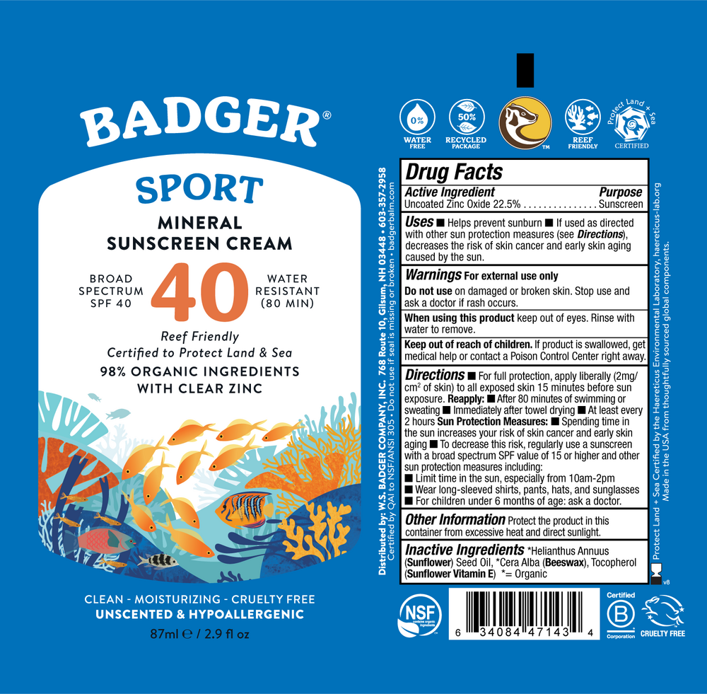 Product image for Badger SPF 40 Sport Mineral Sunscreen Cream.