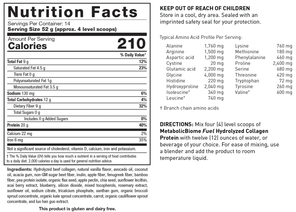 Product image for MetabolicBiome Fuel Hydrolyzed Collagen Protein, Vanilla.