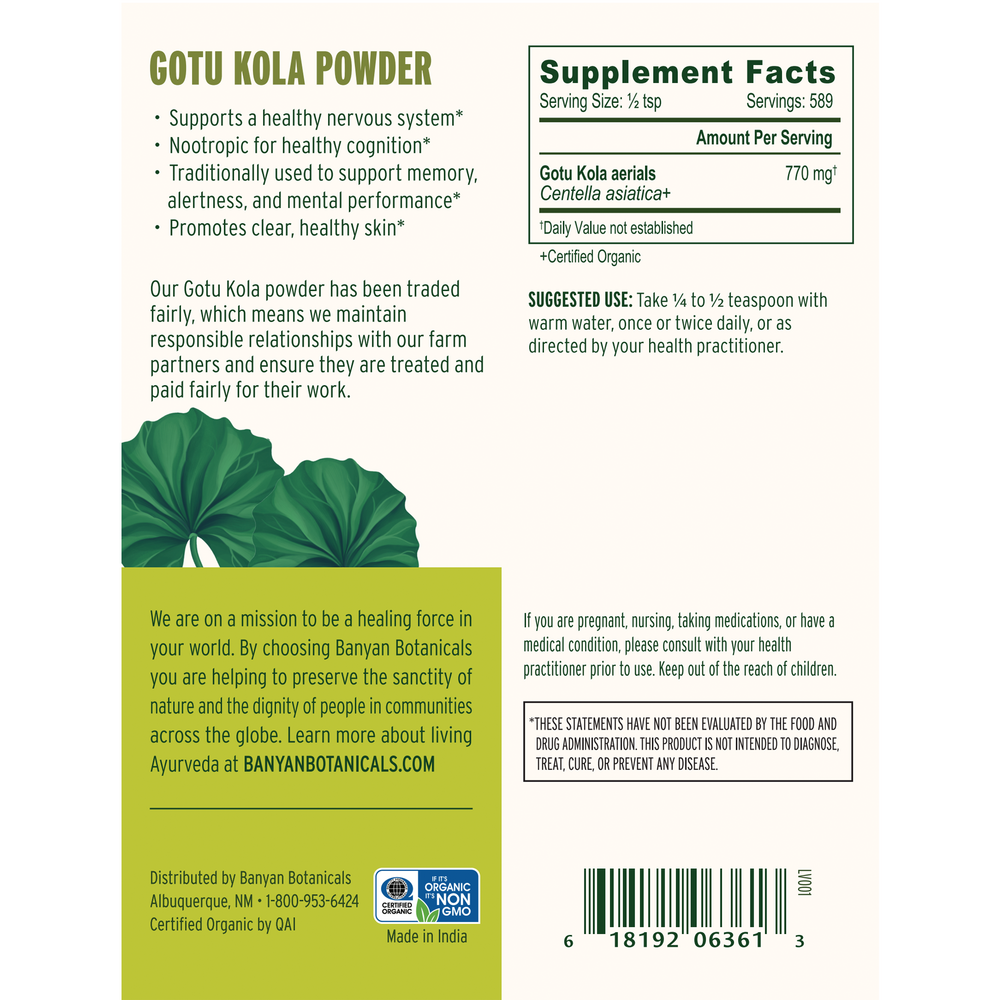 Product image for Gotu Kola Powder (Centella asiatica) 770 mg.