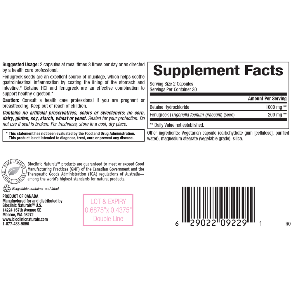Product image for Betaine HCI w/ Fenugreek.
