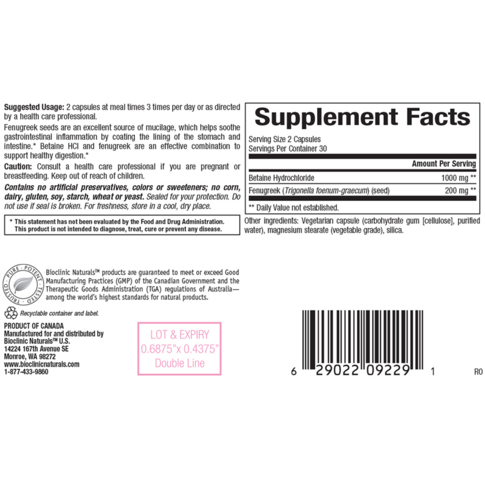 Product image for Betaine HCI w/ Fenugreek.